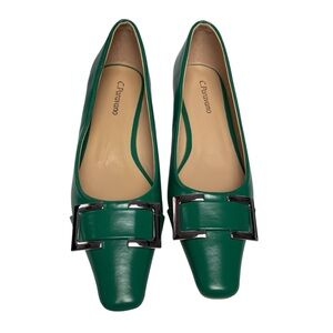 C. Paravano Metal Buckle Satin Square Toe Low Block Green Lucia Heels Sz 6